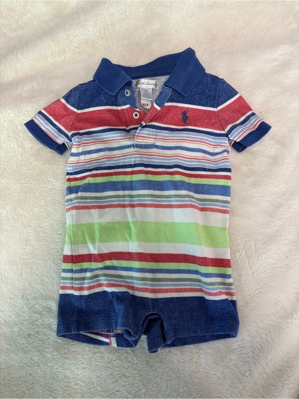 Ralph Lauren Striped Baby Polo Romper in Navy, Red & White 9 months